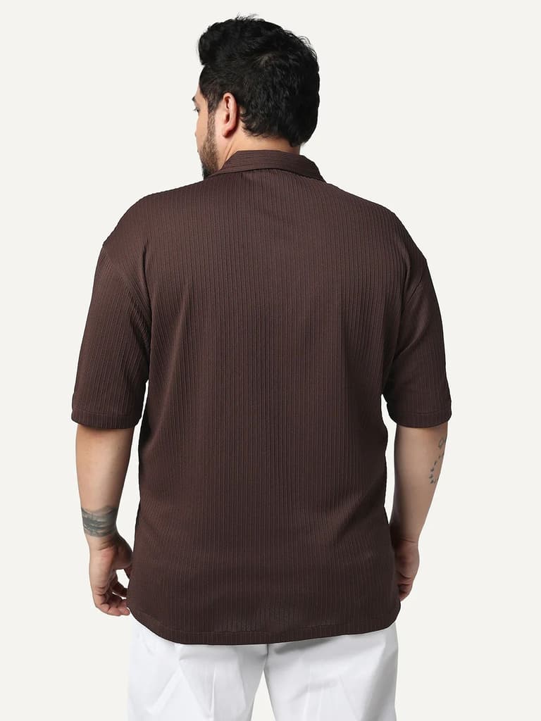 Plus Men's Brown Cotton Half Sleeve Oversized Fit Textured Shirt with Cuban Collar — photo 3