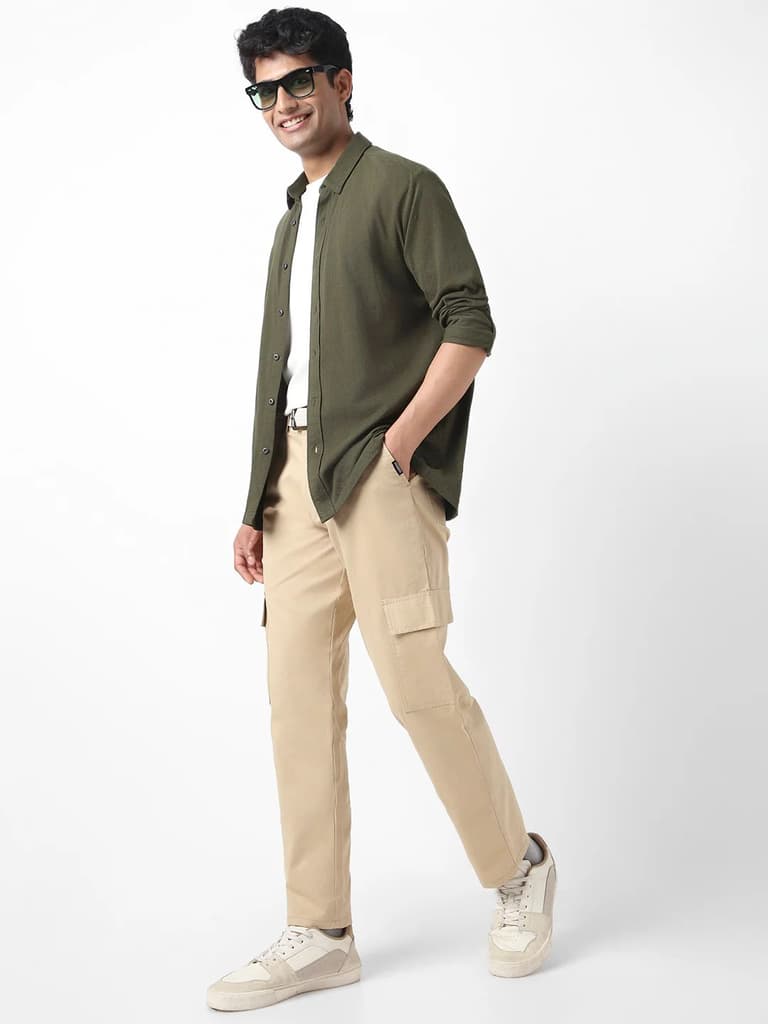 Men's Beige Regular Fit Solid Cargo Chino Pant with 6 Pockets Stretchable — photo 4