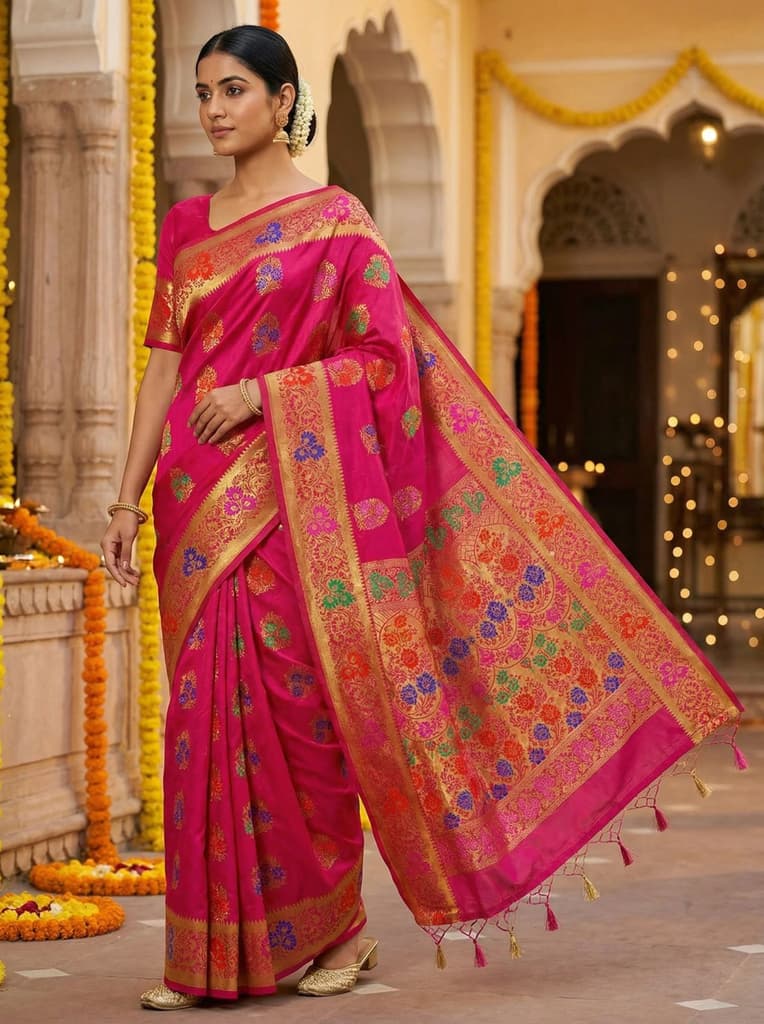 MIMOSA Women's Woven Design Paithani Style Art Silk Saree with Blouse Piece - Rani ( SA00003125RNFREE ) — Default Title