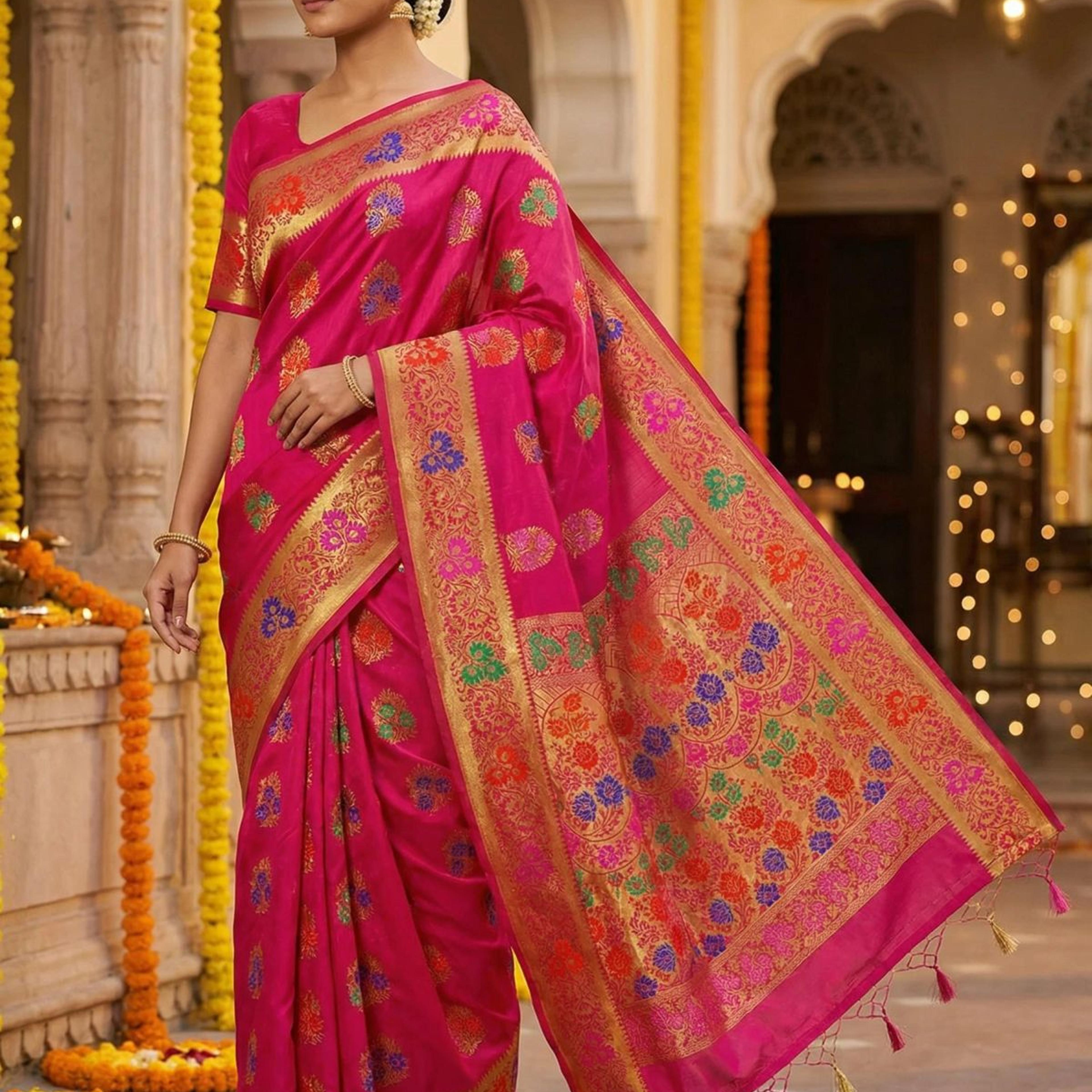 MIMOSA Women's Woven Design Paithani Style Art Silk Saree with Blouse Piece - Rani ( SA00003125RNFREE )