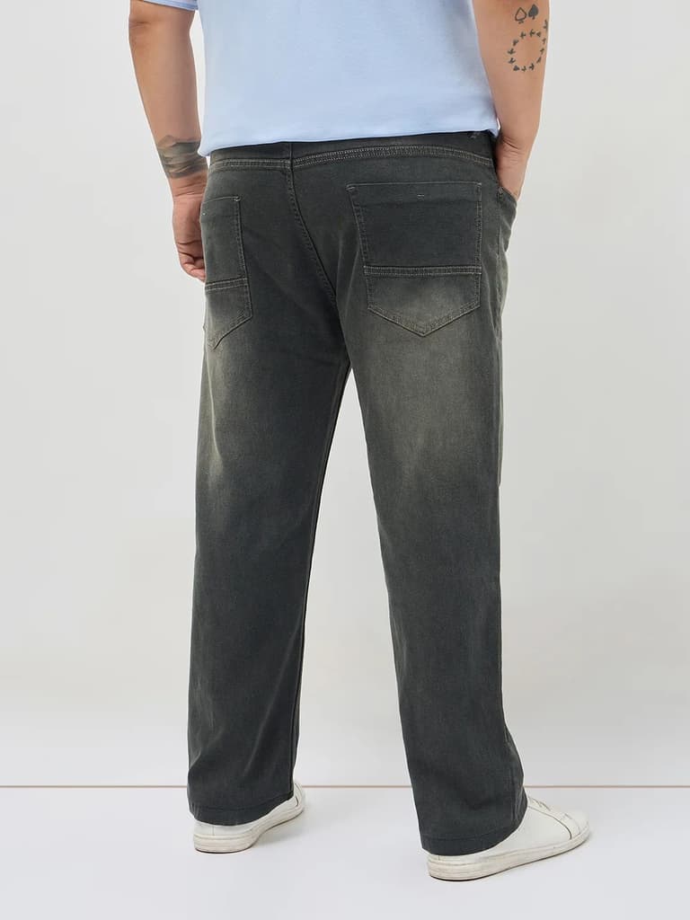 Plus Men's Dark Grey Regular Fit Whisker Washed Yellow Tint Denim Jeans Stretchable — photo 3