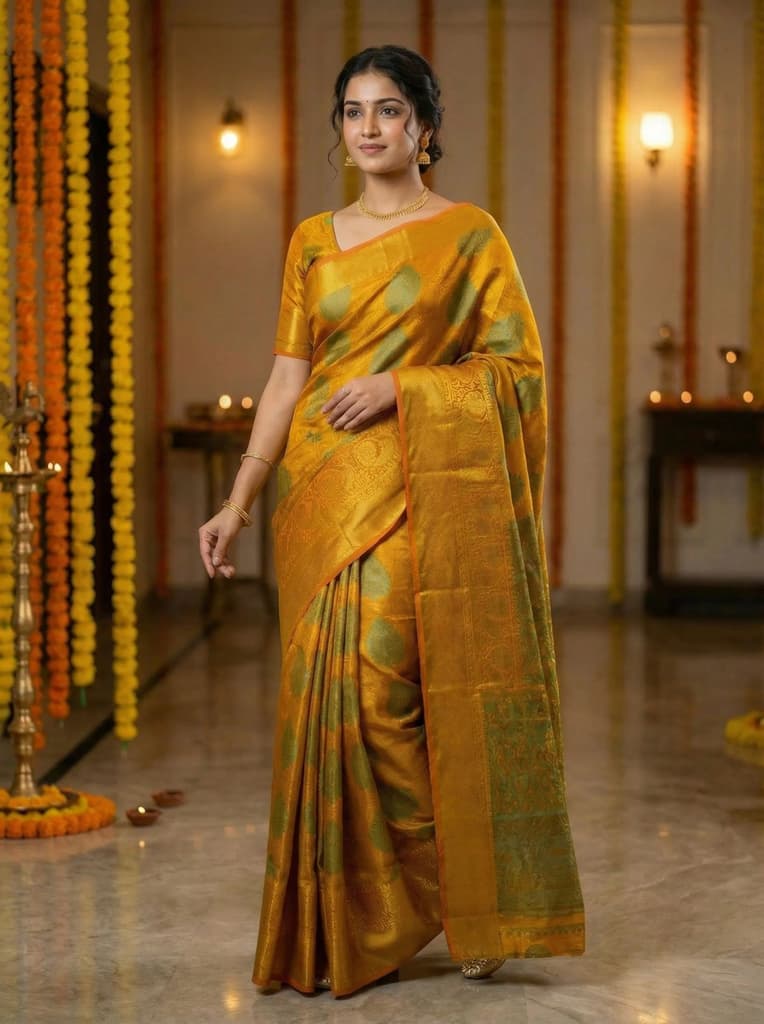 MIMOSA Women's Woven Design Kanjivaram Style Art Silk Saree with Blouse Piece - Mustard ( SA00003145MSFREE ) — Default Title
