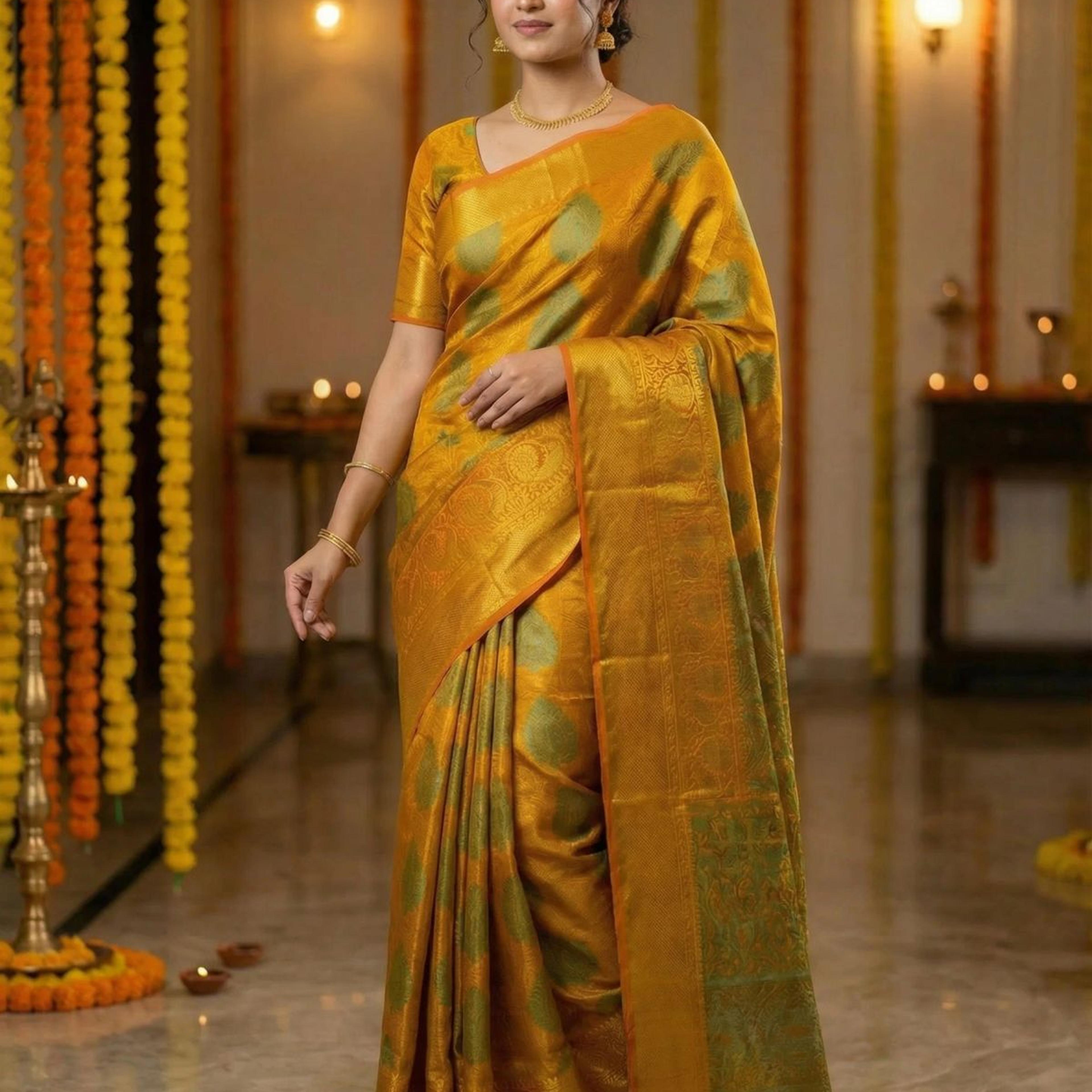 MIMOSA Women's Woven Design Kanjivaram Style Art Silk Saree with Blouse Piece - Mustard ( SA00003145MSFREE )