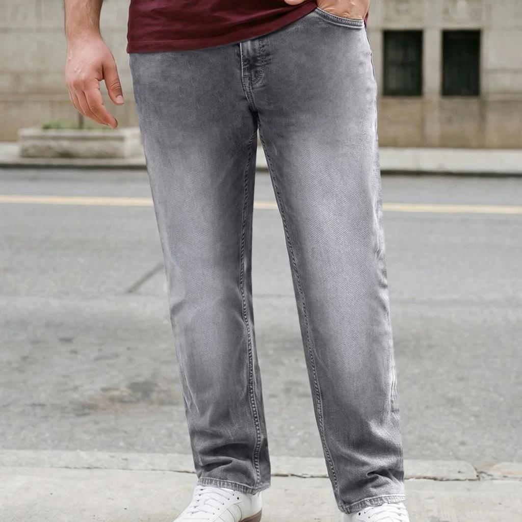 Plus Men's Light Grey Relaxed Fit Washed Denim Jeans Non-Stretchable