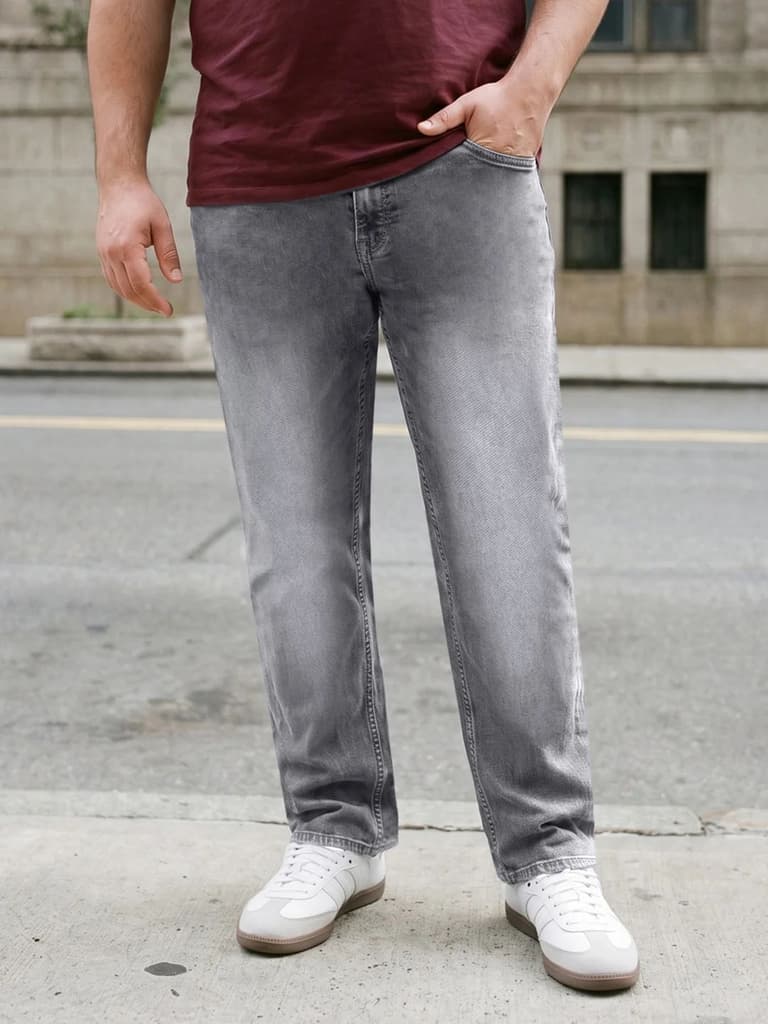 Plus Men's Light Grey Relaxed Fit Washed Denim Jeans Non-Stretchable — 36 / Light Grey