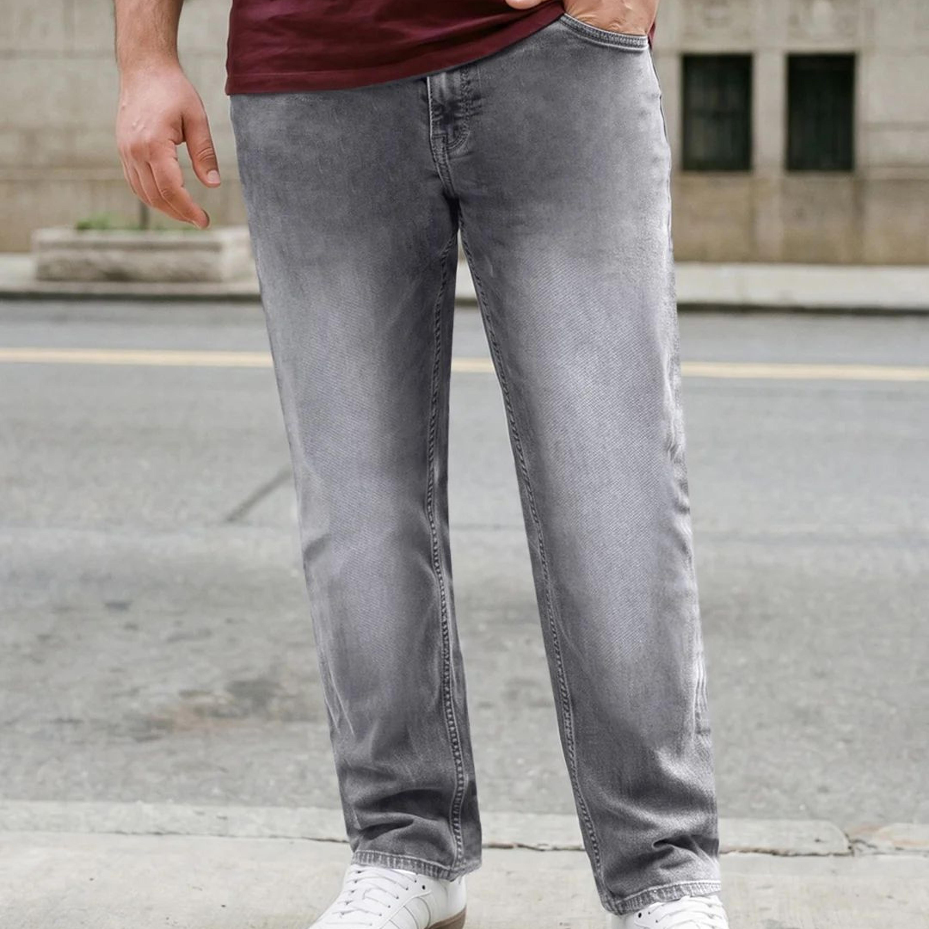 Plus Men's Light Grey Relaxed Fit Washed Denim Jeans Non-Stretchable