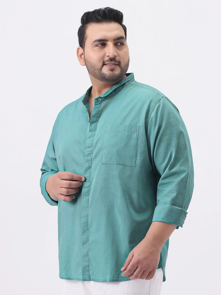 Plus Men's Light Teal Cotton Full Sleeve Regular Fit Casual Solid Shirt with Band Collar — photo 2