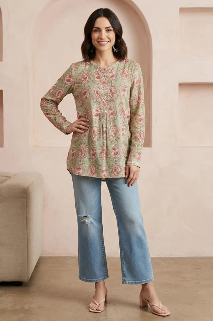 Green Block Floral Printed Pure Cotton A-line Top — photo 2