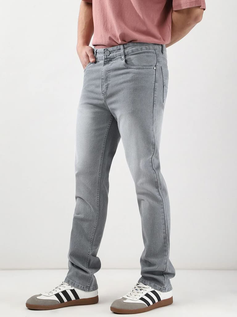 Men's Light Grey Straight Fit Washed Jeans Stretchable — photo 3