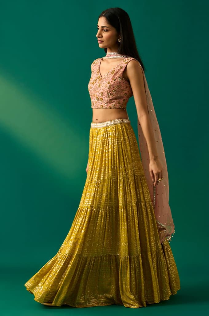 Pink Embroidered Straight Cut Blouse with Skirt and Dupatta Set — photo 3