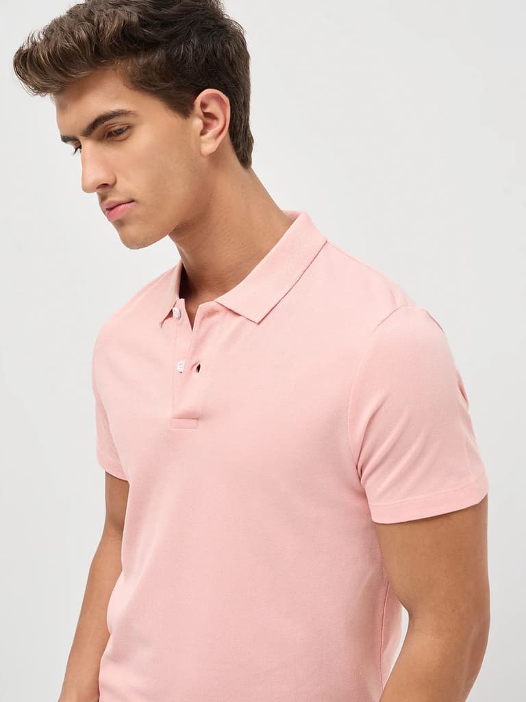 Men's Dusty Pink Solid Regular Fit Half Sleeve Cotton Polo T-Shirt — photo 5