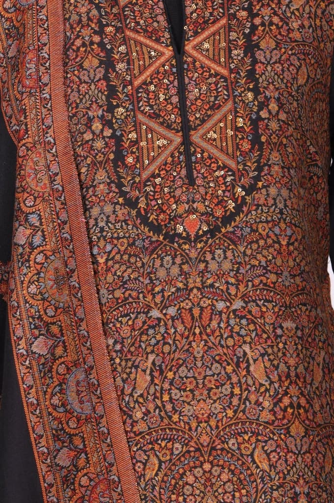 Black Ethnic Motifs Jacquard Straight Kurta with Pants and Dupatta Set — photo 2
