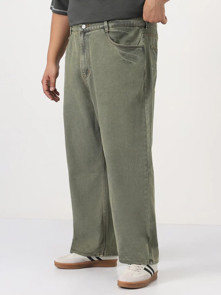 Plus Men's Light Green Loose Baggy Fit Washed Jeans Non-Stretchable — photo 2