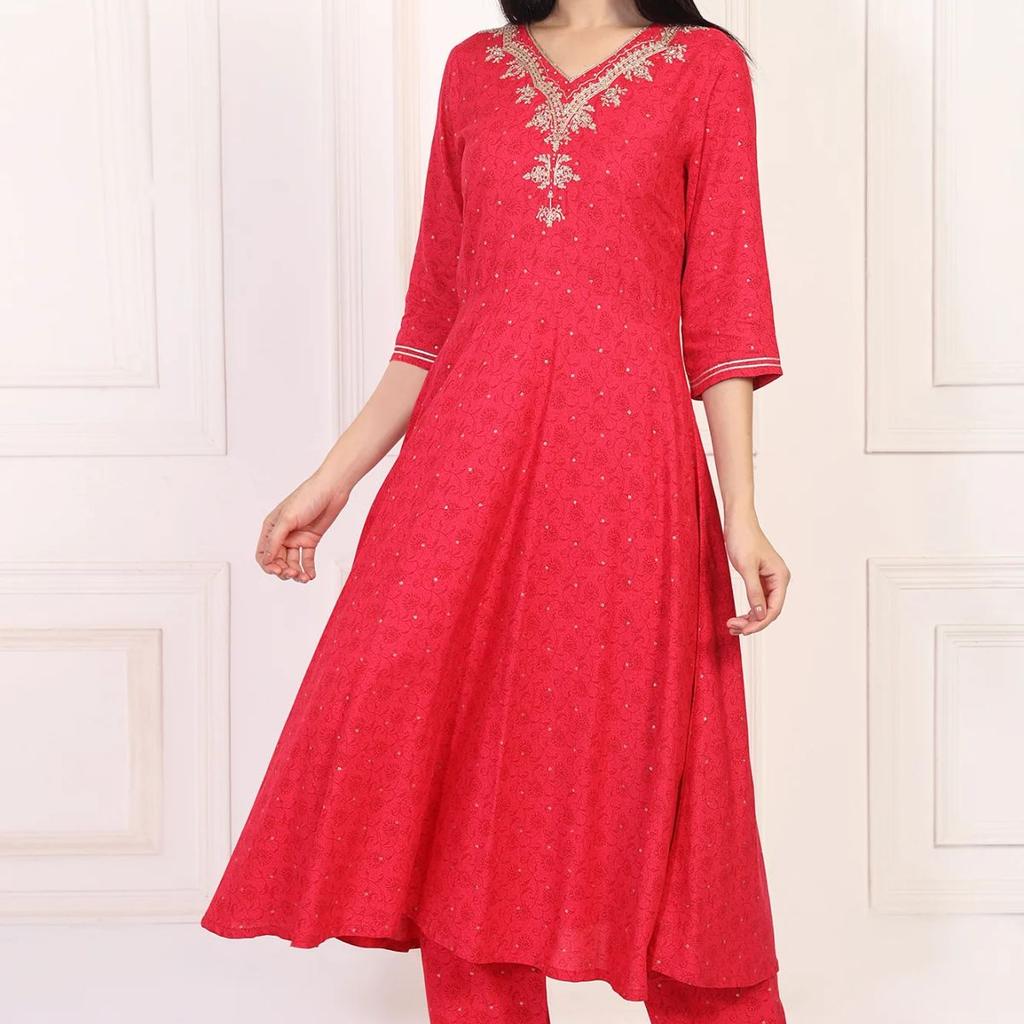 Red Embroidered A-Line Kurta and Straight Trouser Set