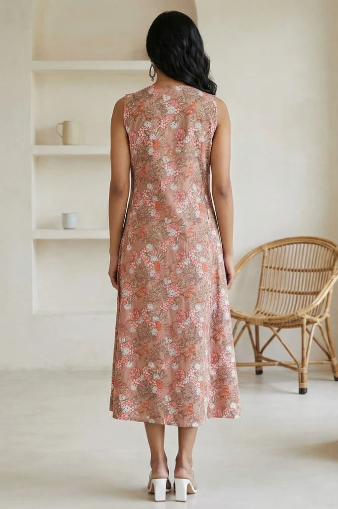 Peach Block Printed Pure Cotton A-line Dress — photo 5