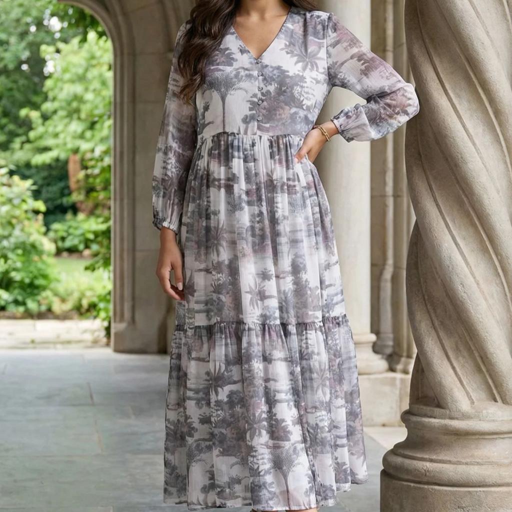 Grey Floral Printed Silver Chiffon Flared Dress