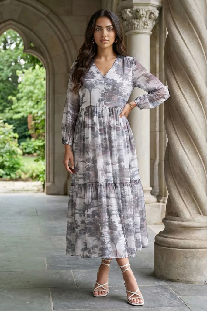 Grey Floral Printed Silver Chiffon Flared Dress — XS