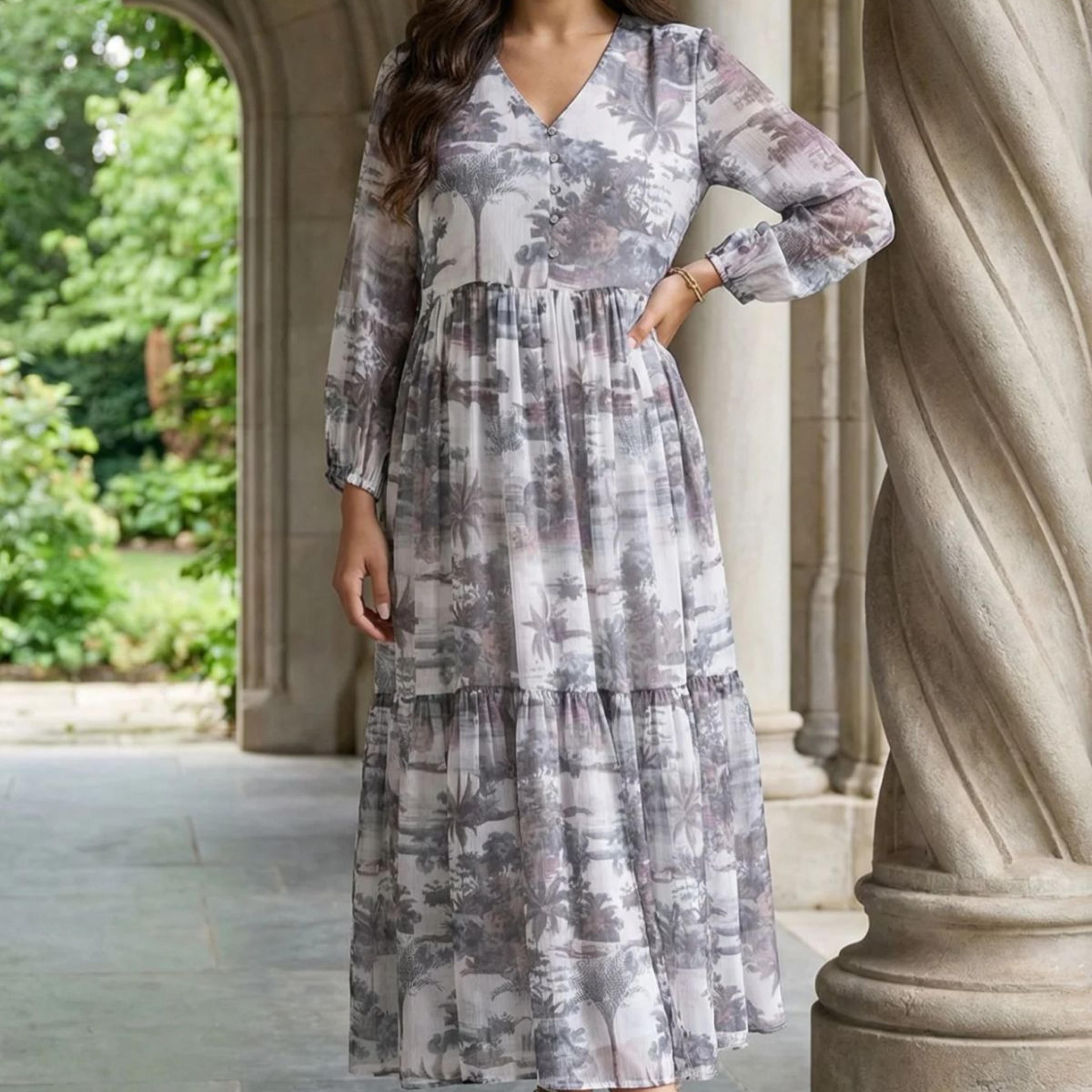 Grey Floral Printed Silver Chiffon Flared Dress