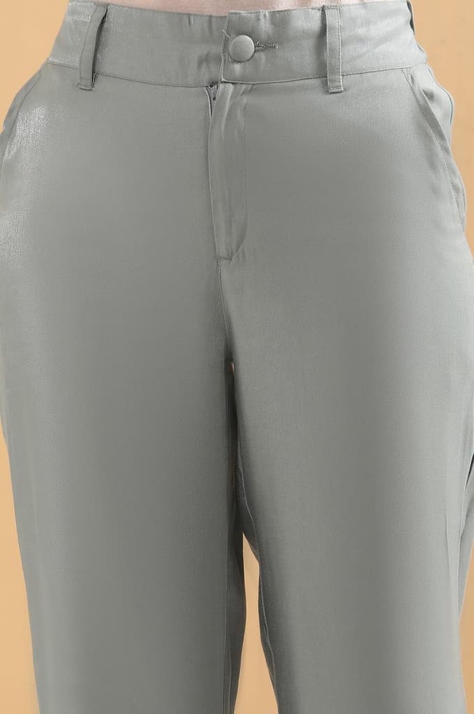 Grey Solid Straight Fit Woven Pants With Elasticated Back — photo 7