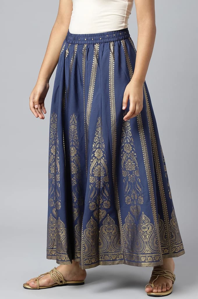 Navy Blue Floral Printed Flared Woven Skirt With Elasticated Waist — photo 2