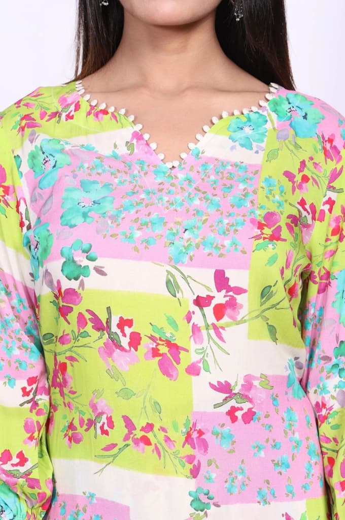 Multicolor Floral Printed Beadwork Modal Straight Kurta with Gathered Pant and Dupatta Set — photo 2