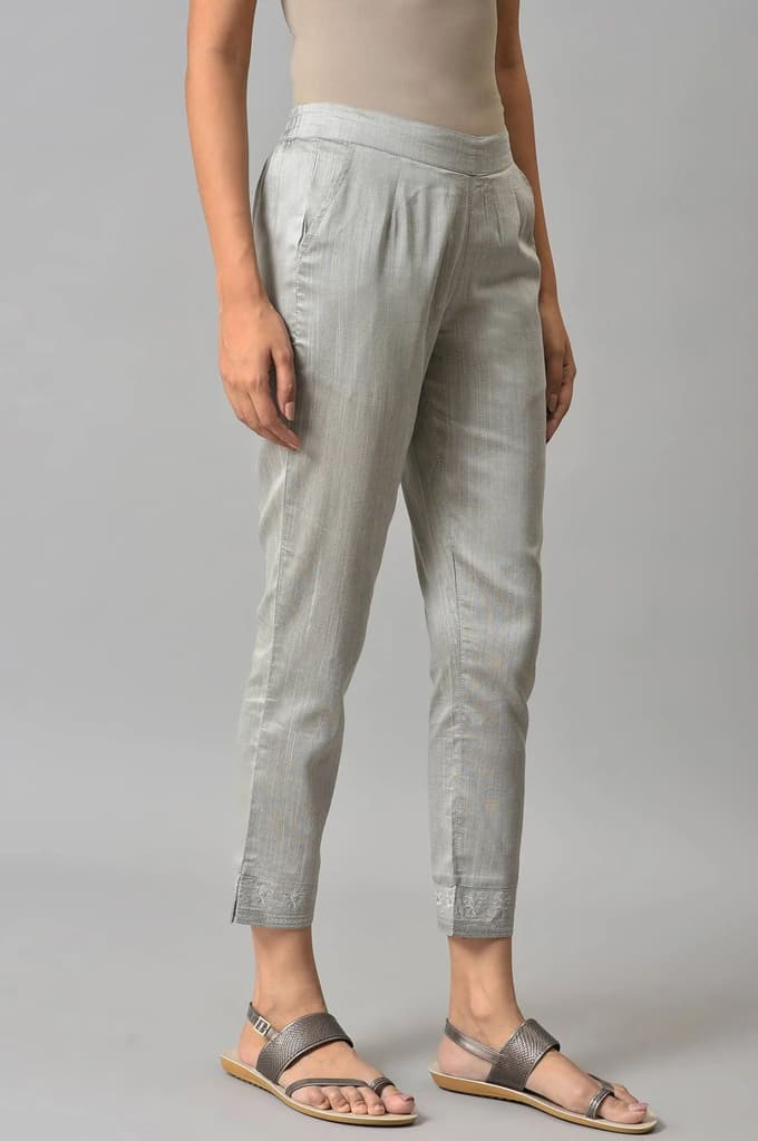Grey Floral Embroidered Straight Fit Woven Pants With Elasticated Waist — photo 4