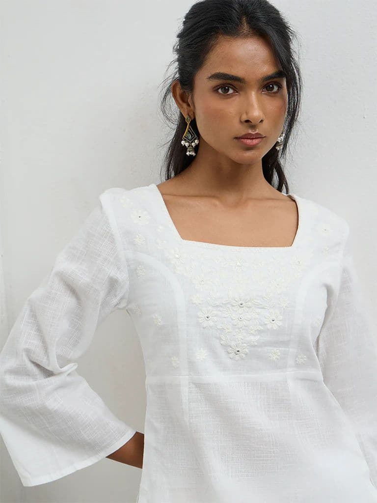 Utsa White Floral Embroidered Cotton Kurti — photo 3