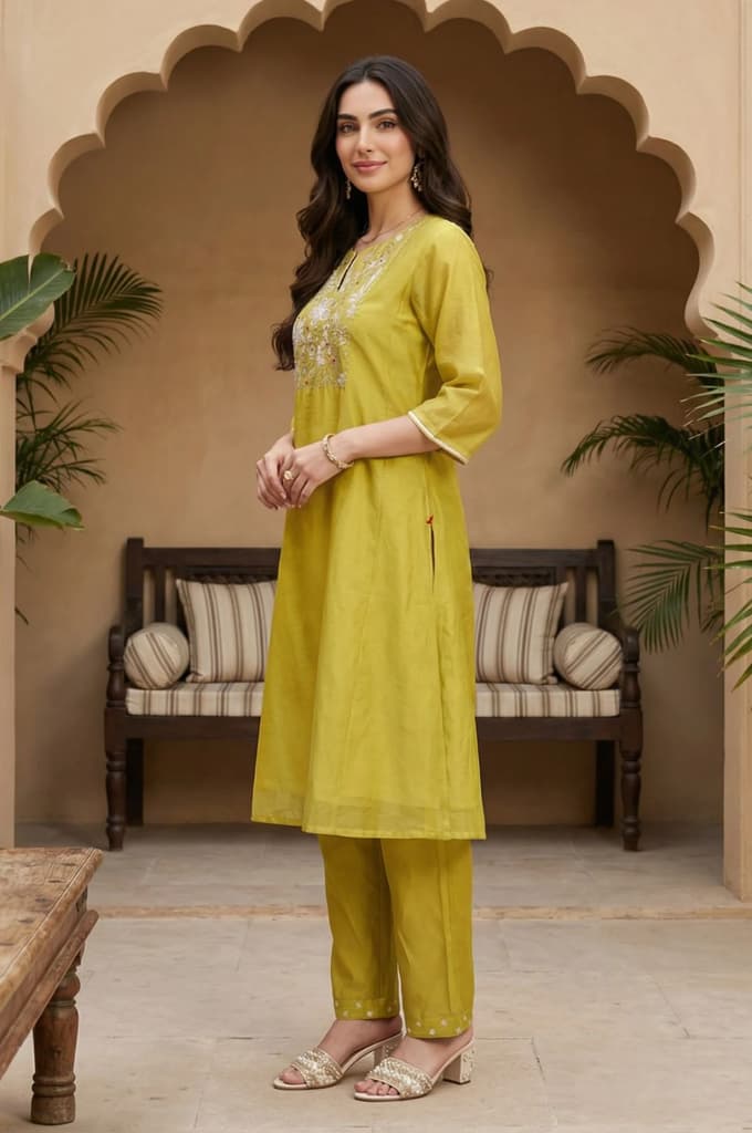 Yellow Thread Embroidery Chanderi Straight Kurta with Pants and Dupatta Set — photo 6