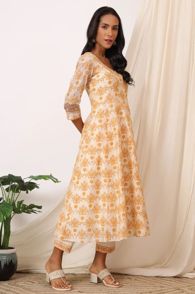 Cream and Yellow Printed Chanderi Anarkali Kurta, Pants and Dupatta Set — photo 6