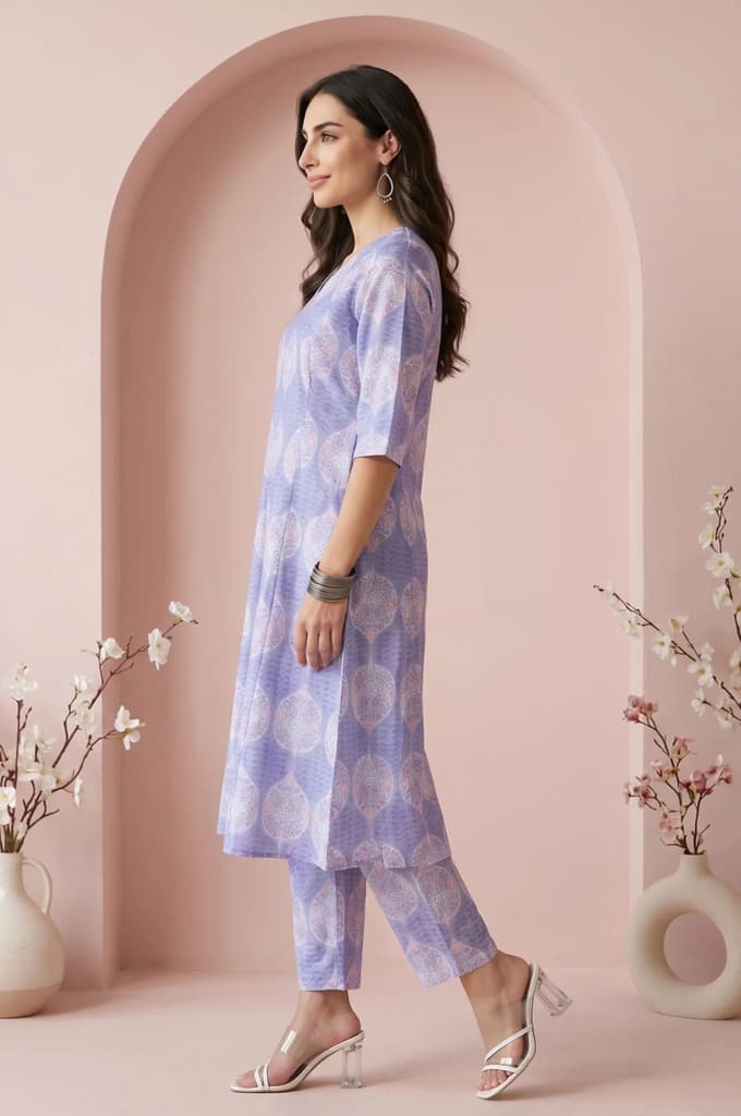 Lavender Floral Printed Pure Cotton A-line Kurta — photo 4