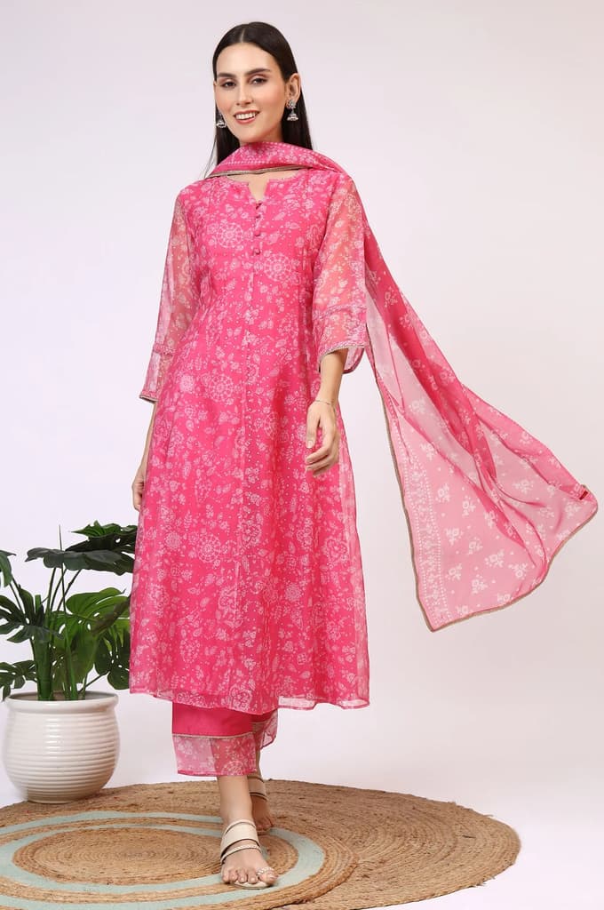 Pink Printed Organza A-line Kurta, Pants and Dupatta Set — photo 2
