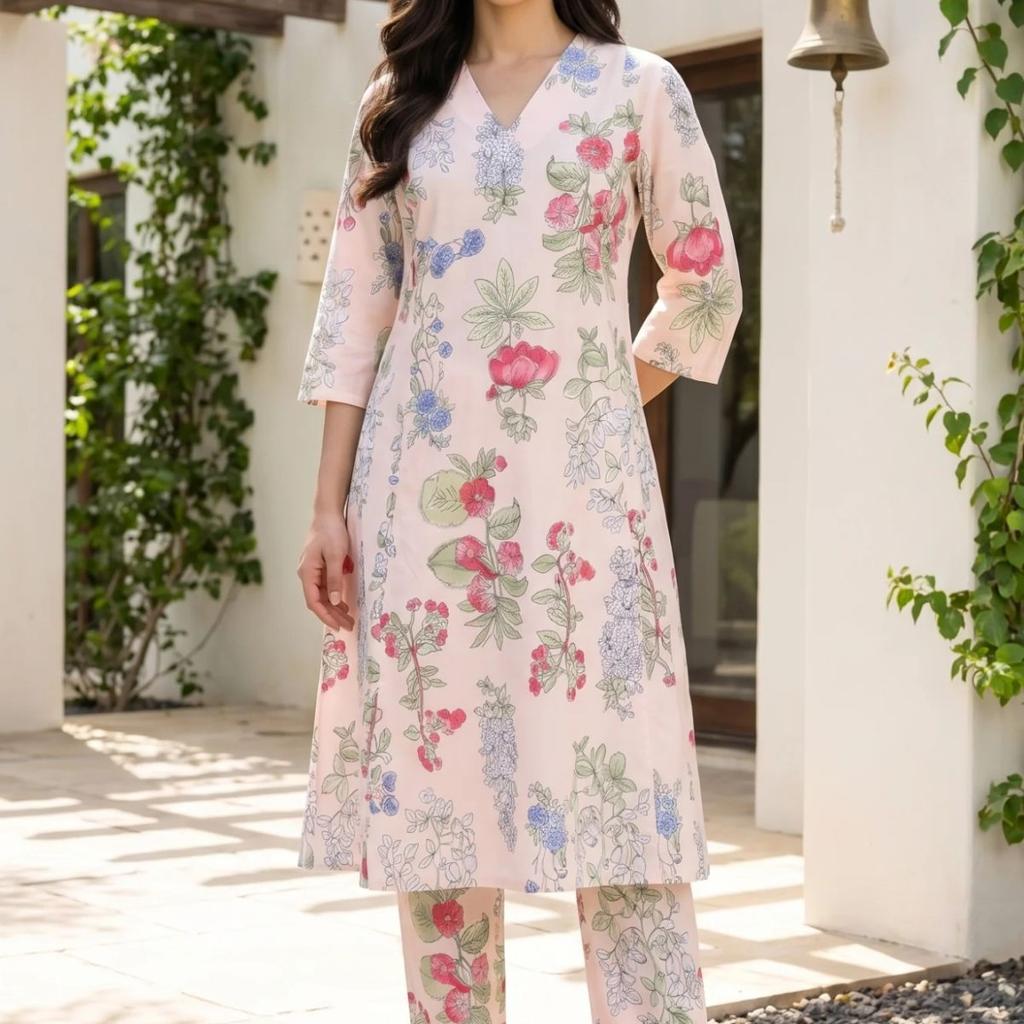 Peach Floral Printed Pure Cotton A-line Kurta