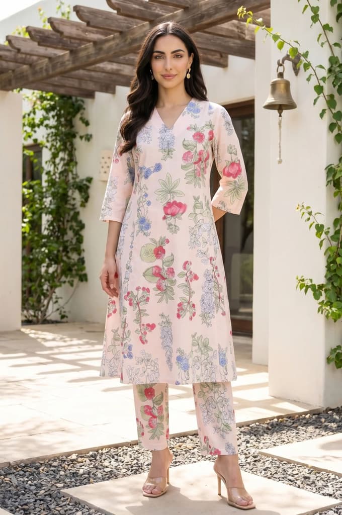 Peach Floral Printed Pure Cotton A-line Kurta — XS