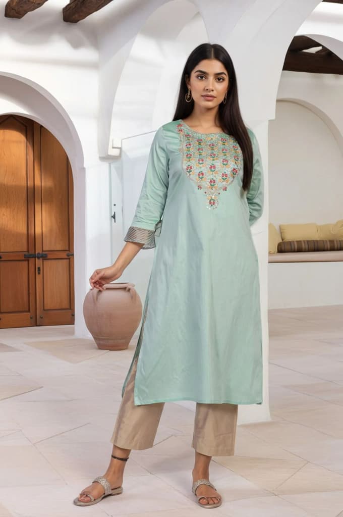 Green Embroidered Straight Kurta — XS