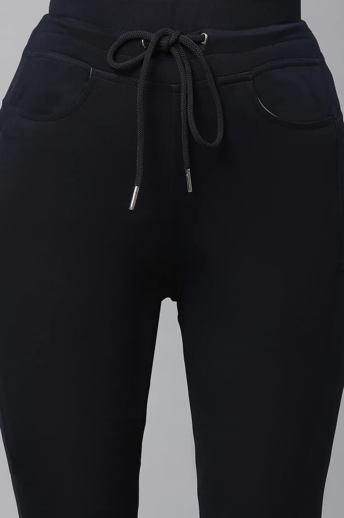 Navy Blue Solid Boot Cut Pants With Drawstring — photo 7