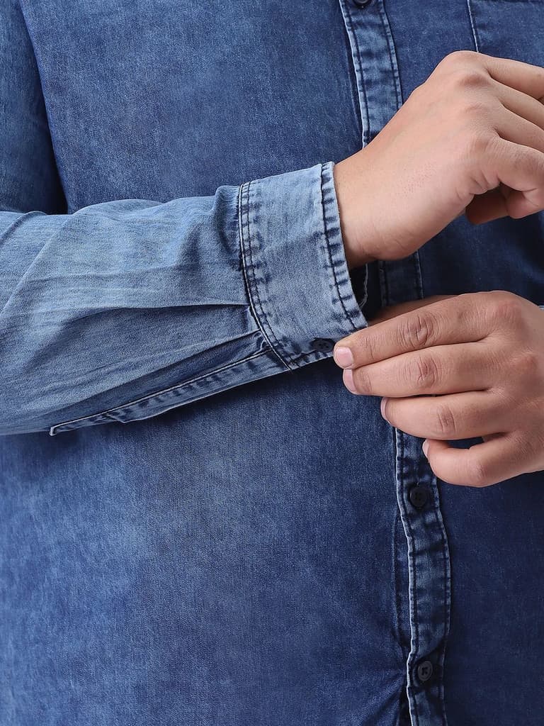 Plus Men's Blue Regular Fit Full Sleeve Washed Denim Shirt — photo 6