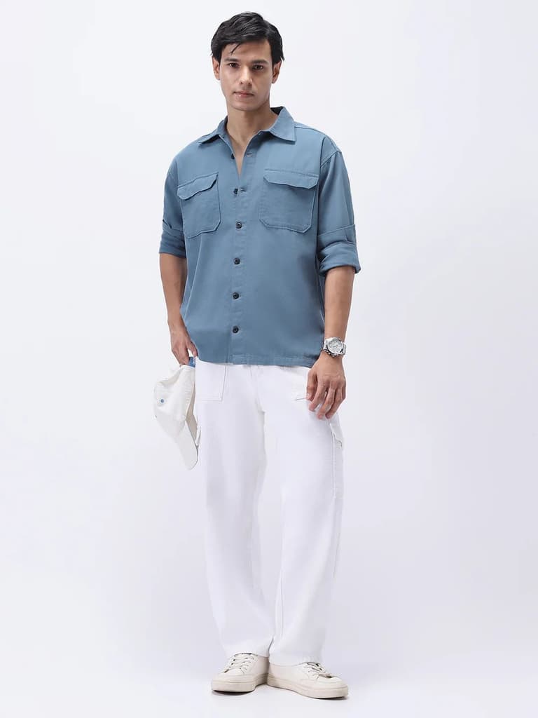 Men's Blue Cotton Full Sleeve Relaxed Fit Shacket with Utility Pockets — photo 5