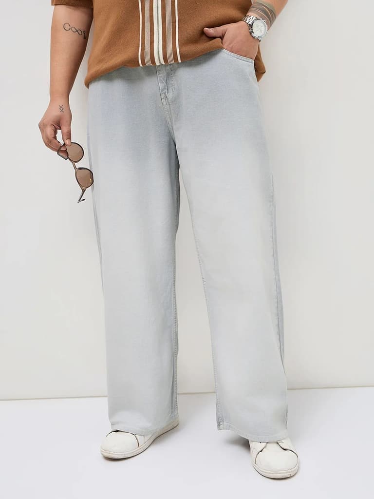 Plus Men's Ice Grey Loose Baggy Fit Heavy Washed Faded Denim Jeans Non-Stretchable — photo 2