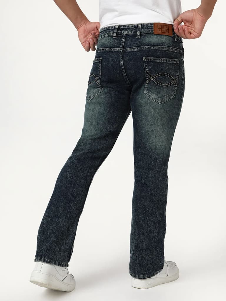 Men's Dark Blue Bootcut Fit Mid Rise Tinted Heavy Washed Jeans Stretchable — photo 3