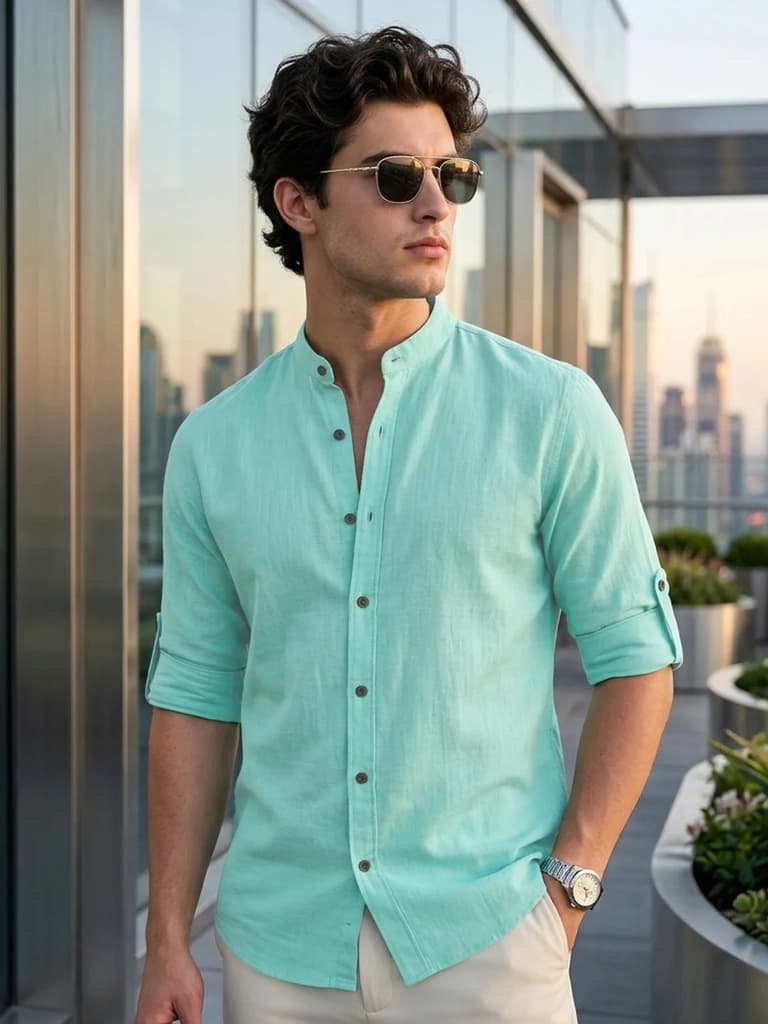 Men's Light Teal Linen Blend Full Sleeve Relaxed Fit Mandarin Collar Casual Solid Shirt — S / Light Teal