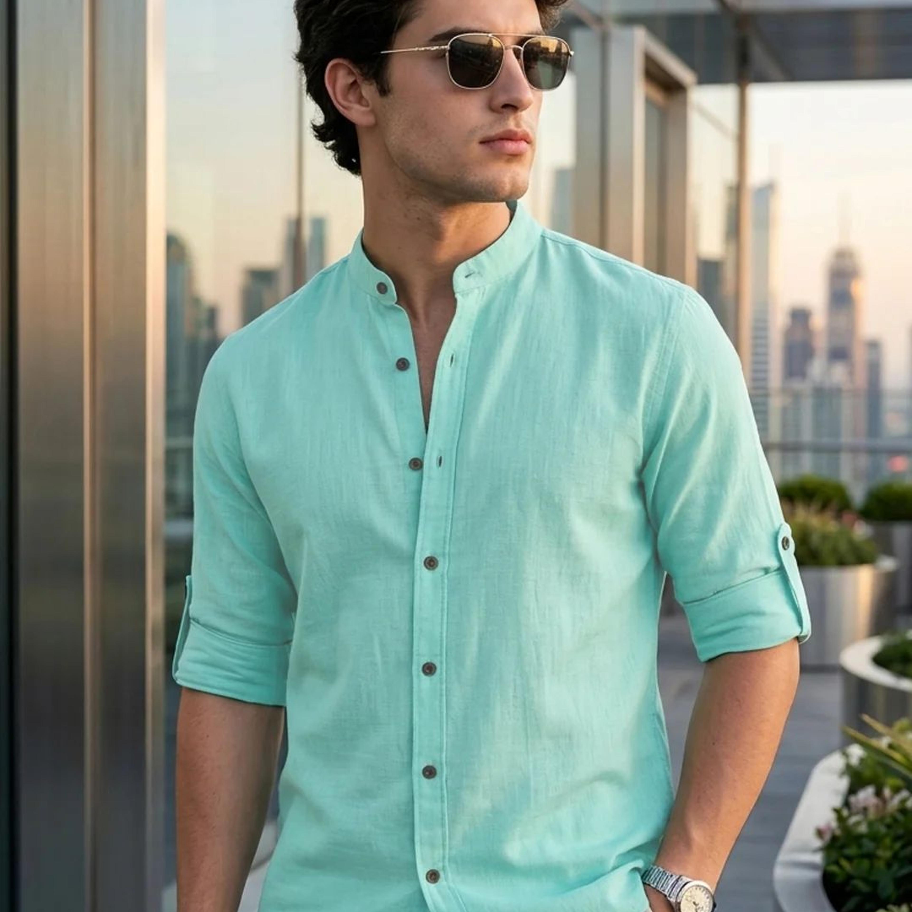 Men's Light Teal Linen Blend Full Sleeve Relaxed Fit Mandarin Collar Casual Solid Shirt