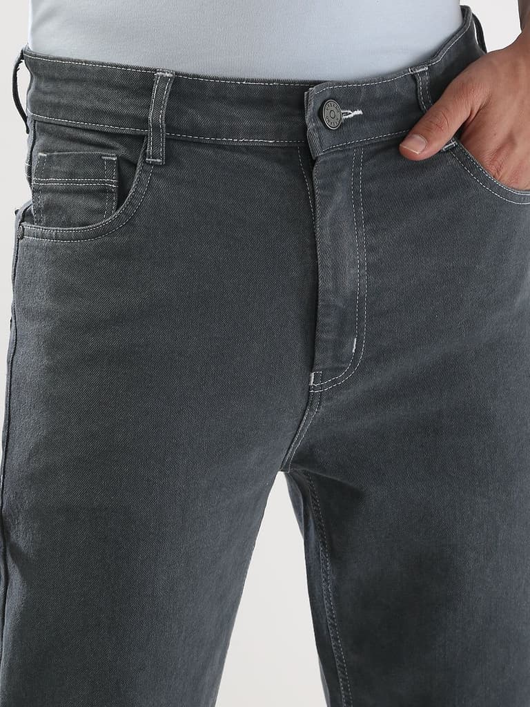 Men's Grey Straight Fit Washed Jeans Stretchable — photo 5