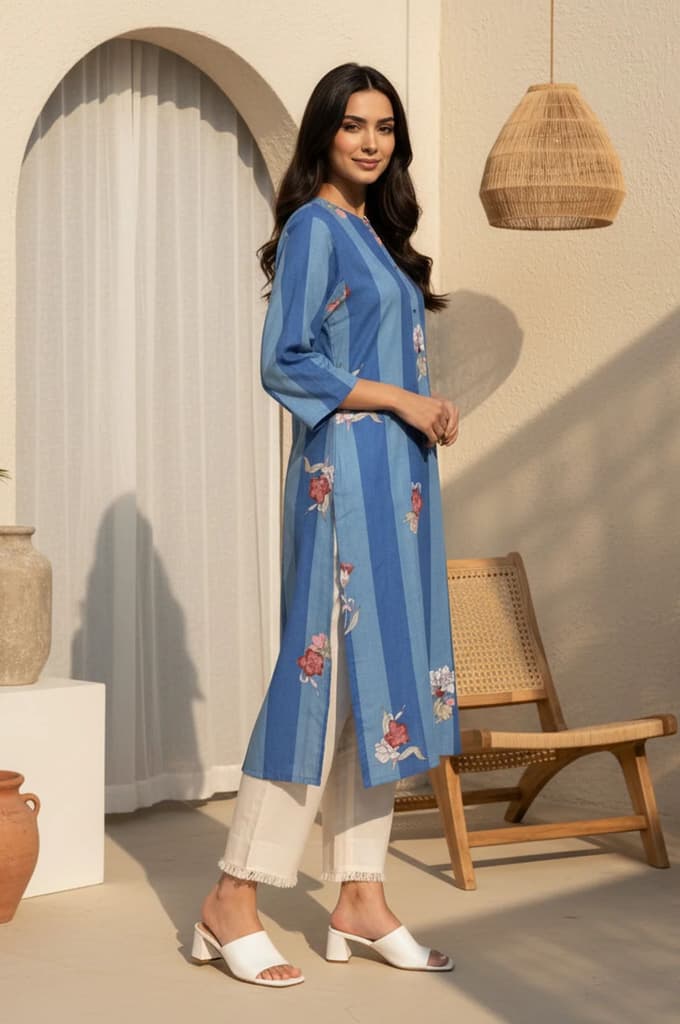 Blue Colour Block Floral Printed Pure Cotton Straight Kurta — photo 5