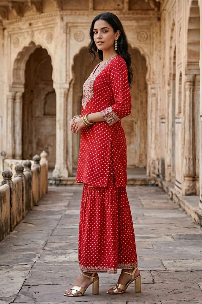 Red Metallic Embroidered Bandhani Straight Kurta — photo 3