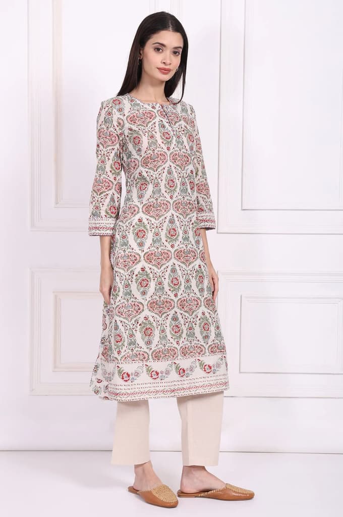 Off-White Floral Printed Pure Cotton Straight Kurta — photo 6
