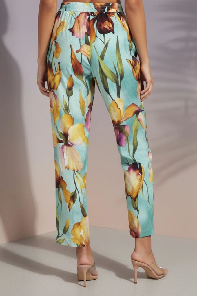 Turquoise Blue Floral Printed Straight Ankle Length Pants — photo 4