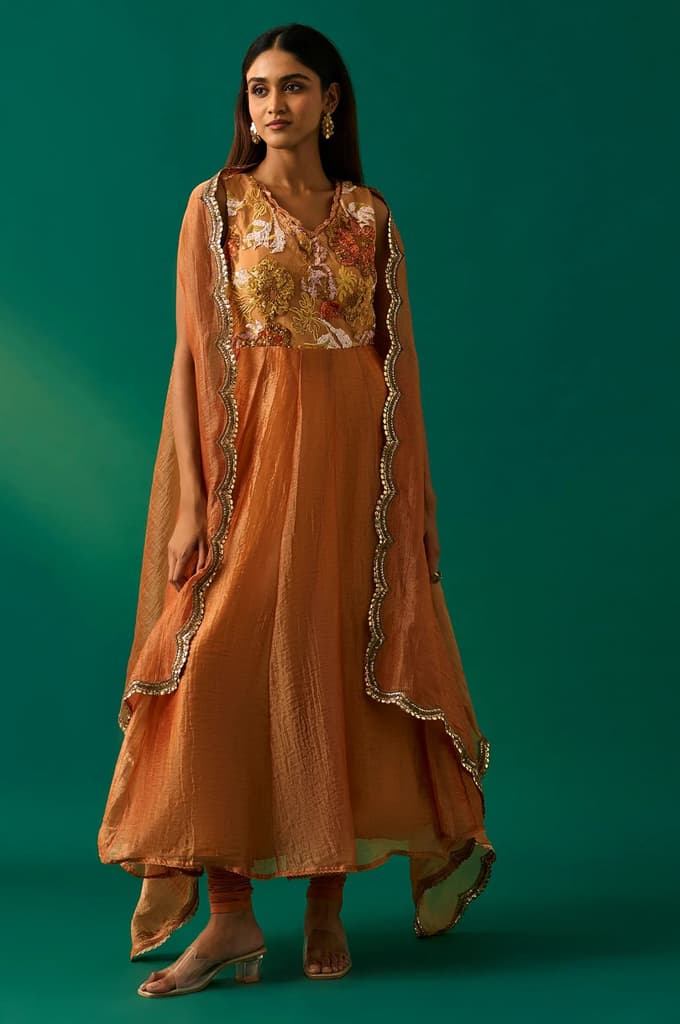 Orange Embroidered Flared Net Dress with Churidar and Cape Set — XS