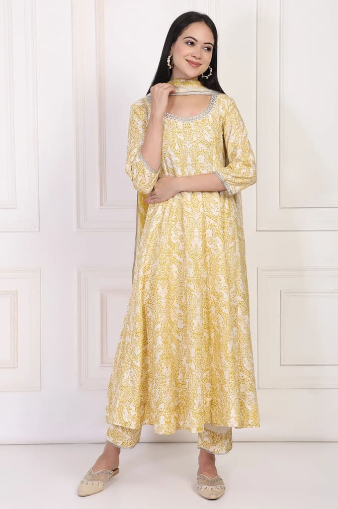Yellow Paisley Printed Embellished Anarkali Kurta with Straight Pant and Dupatta Set — photo 2