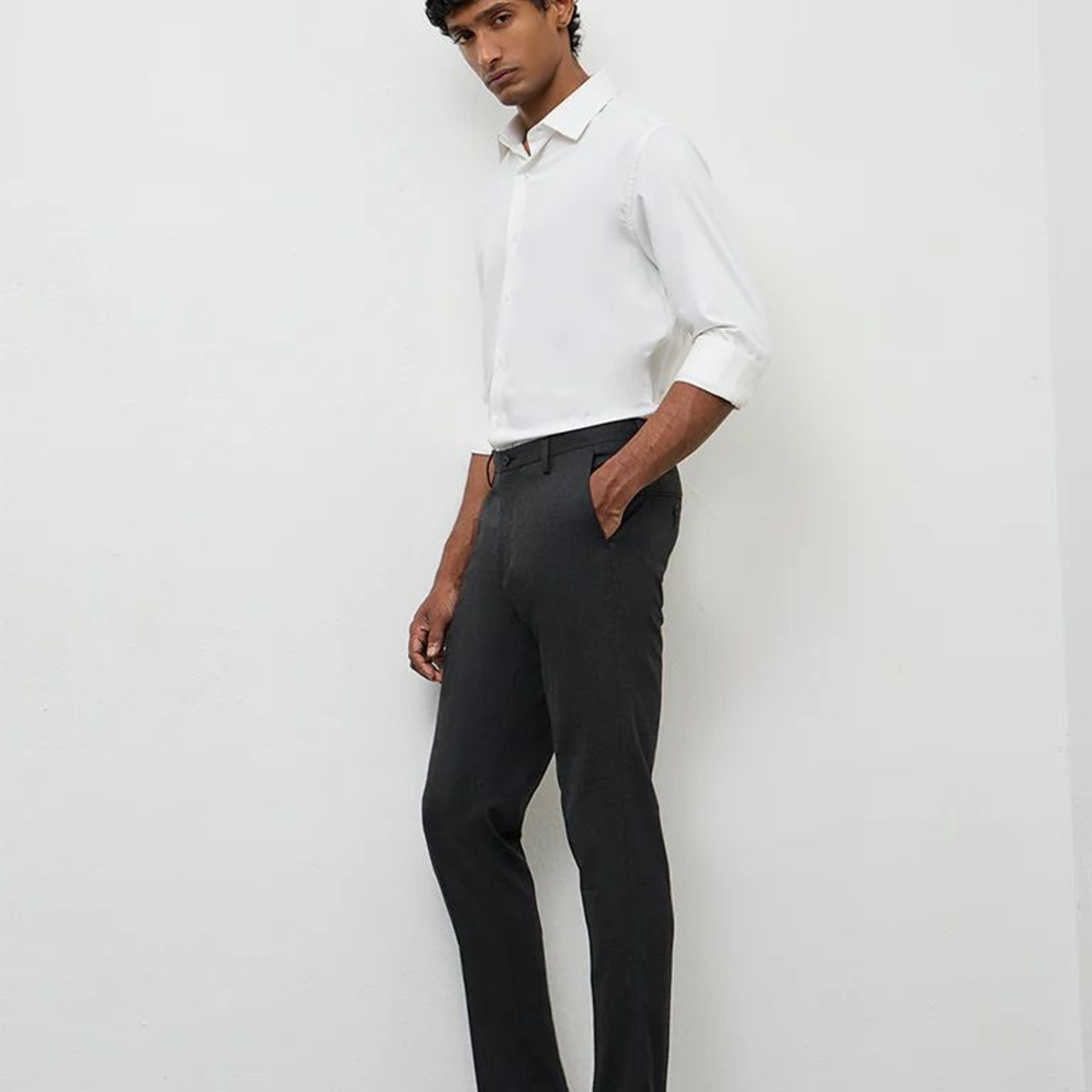 WES Formals Black Slim-Fit Mid-Rise Trousers