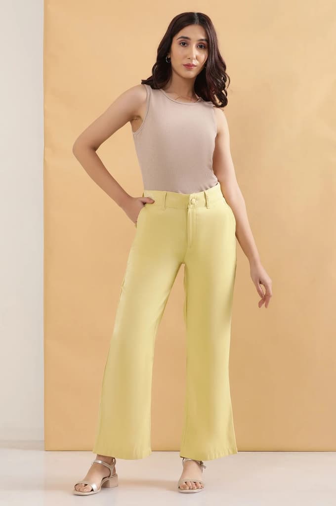 Yellow Solid Straight Fit Woven Pants With Elasticated Back